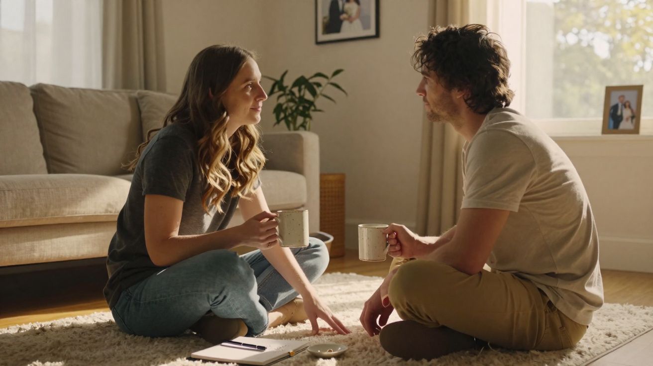 Casal sentado no chão da sala a conversar e beber chá, com xícaras na mão e bloco de notas à frente.