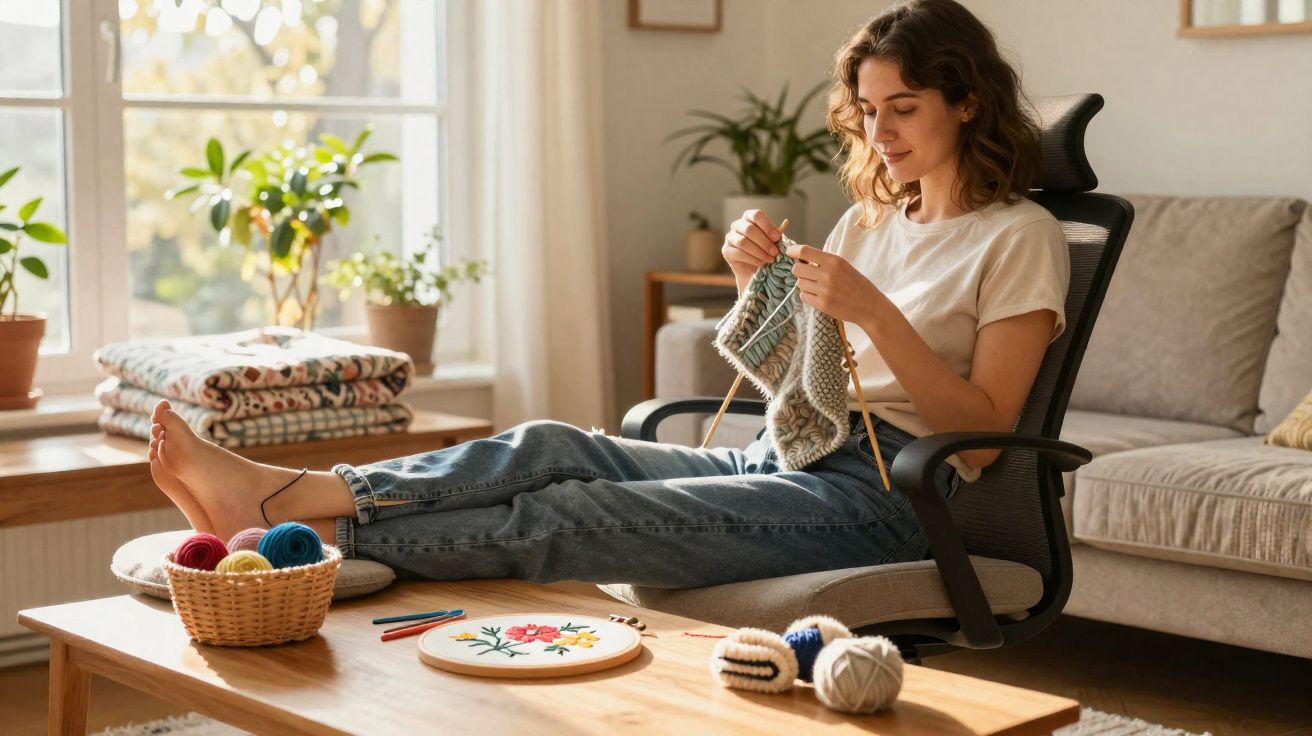 Mulher sentada a fazer tricô numa cadeira, pernas esticadas na mesa com novelos de lã e bordados.
