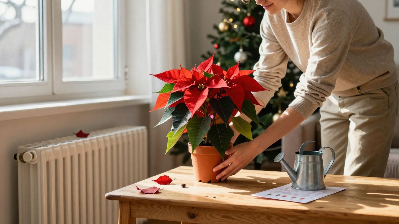 Pessoa a cuidar de uma planta de Natal numa sala com árvore de Natal decorada ao fundo.