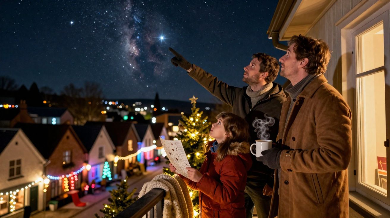 Três pessoas observam estrelas na noite de inverno com decorações natalícias e casas iluminadas ao fundo.