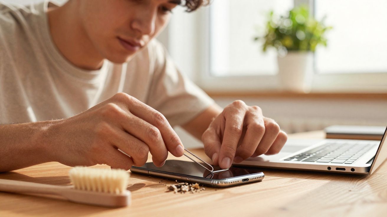 Pessoa a limpar cuidadosamente um smartphone com um clip metálico numa mesa junto a um computador portátil.