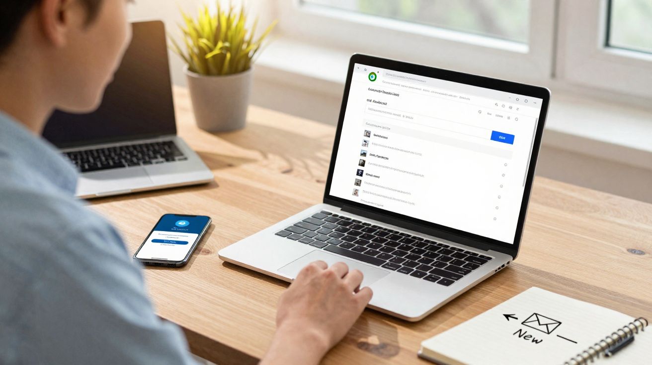 Pessoa a usar portátil com ecrã de email aberto numa secretária com smartphone, caderno e planta.