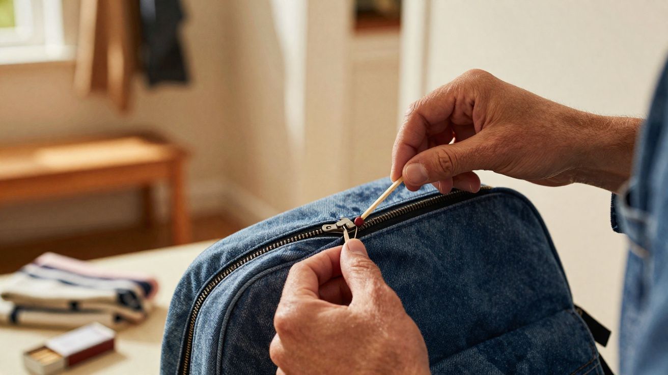 Mãos a usar um fósforo para aquecer o fecho de um saco azul num ambiente interior.