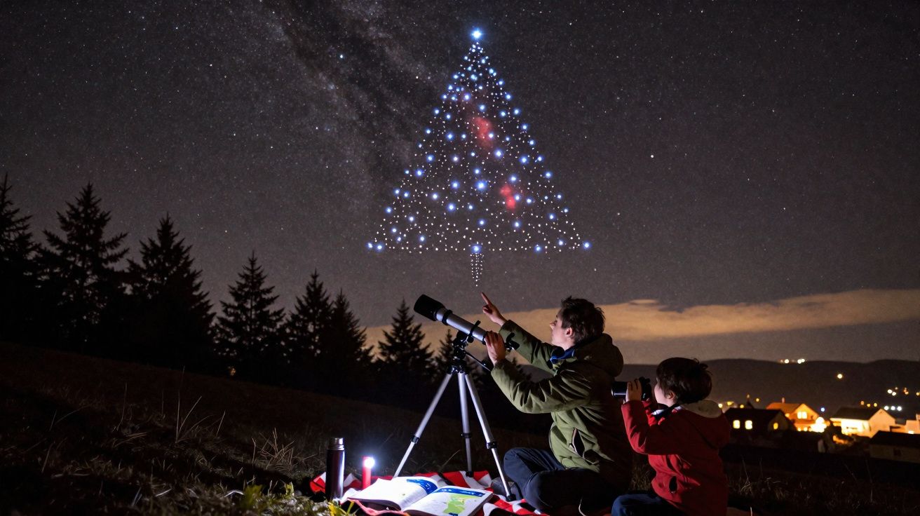 Duas crianças observam estrelas, uma aponta para uma árvore de Natal feita de luzes no céu noturno.