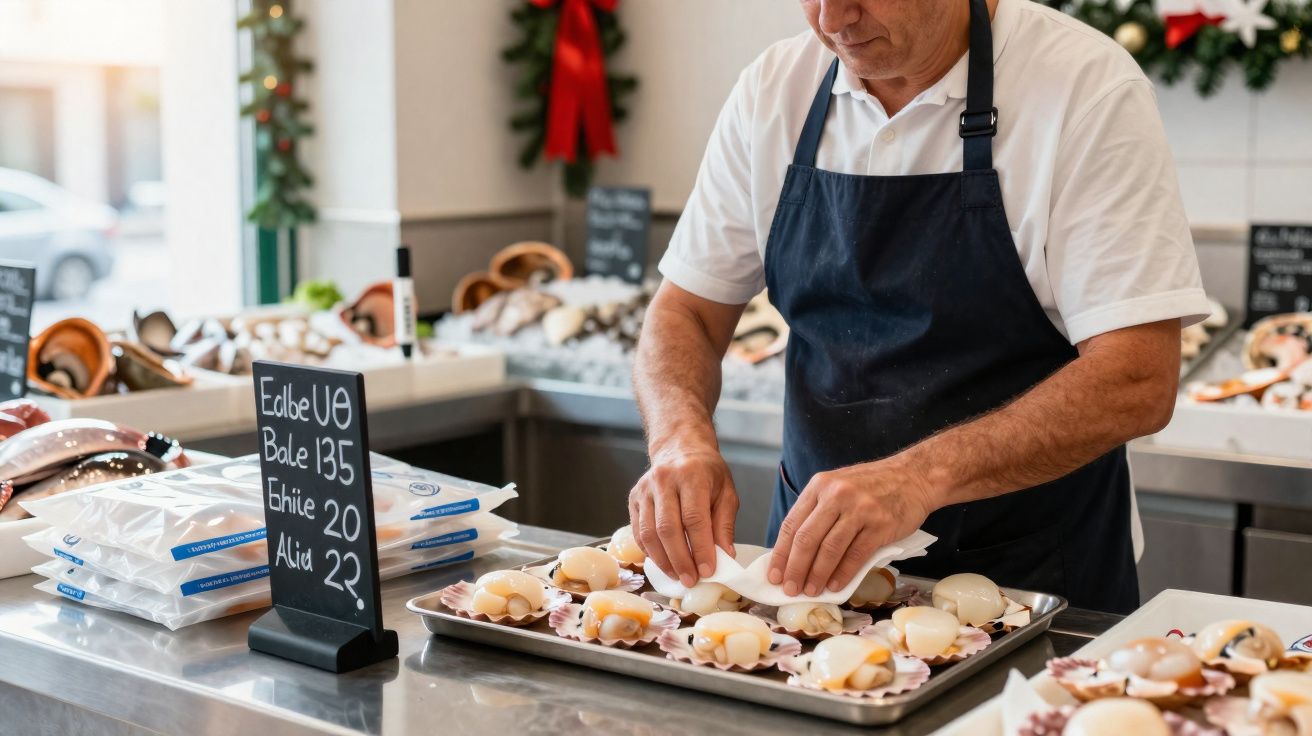 Homem numa peixaria a embalar vieiras frescas numa bandeja numa loja decorada para o Natal.
