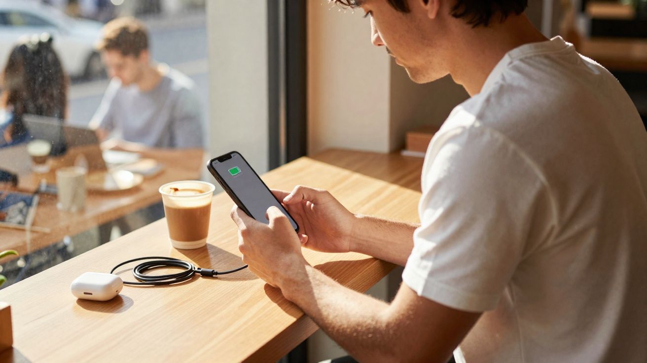 Homem sentado junto a uma janela num café, a usar telemóvel e a carregar AirPods sobre a mesa.