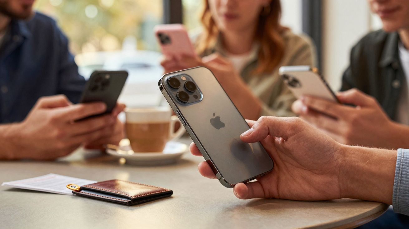 Pessoas sentadas à mesa num café, a usar vários modelos de iPhone nas mãos.