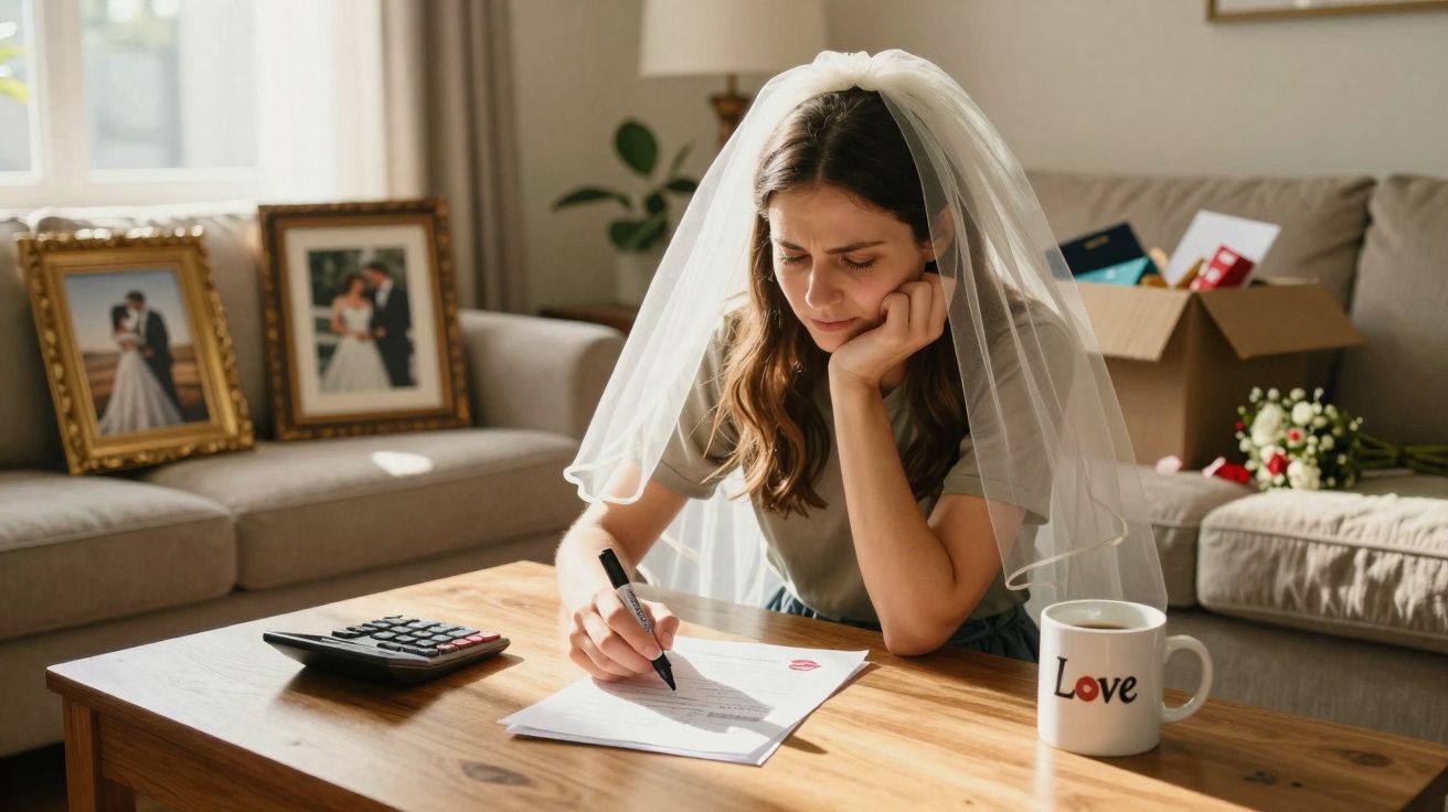 Noiva sentada à mesa em casa a assinar documentos com expressão pensativa, ao lado de uma caneca com a palavra "Love".