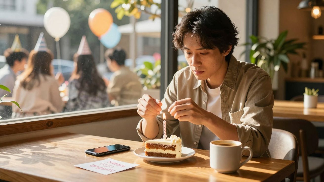 Pessoa a acender vela num bolo de aniversário num café com grupo a celebrar ao fundo.