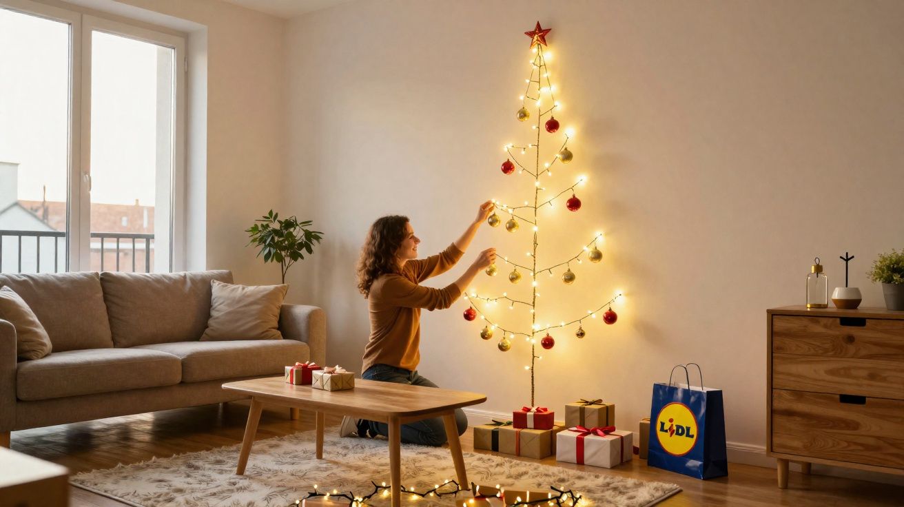 Mulher a decorar árvore de Natal minimalista iluminada, com presentes no chão e saco Lidl ao lado.