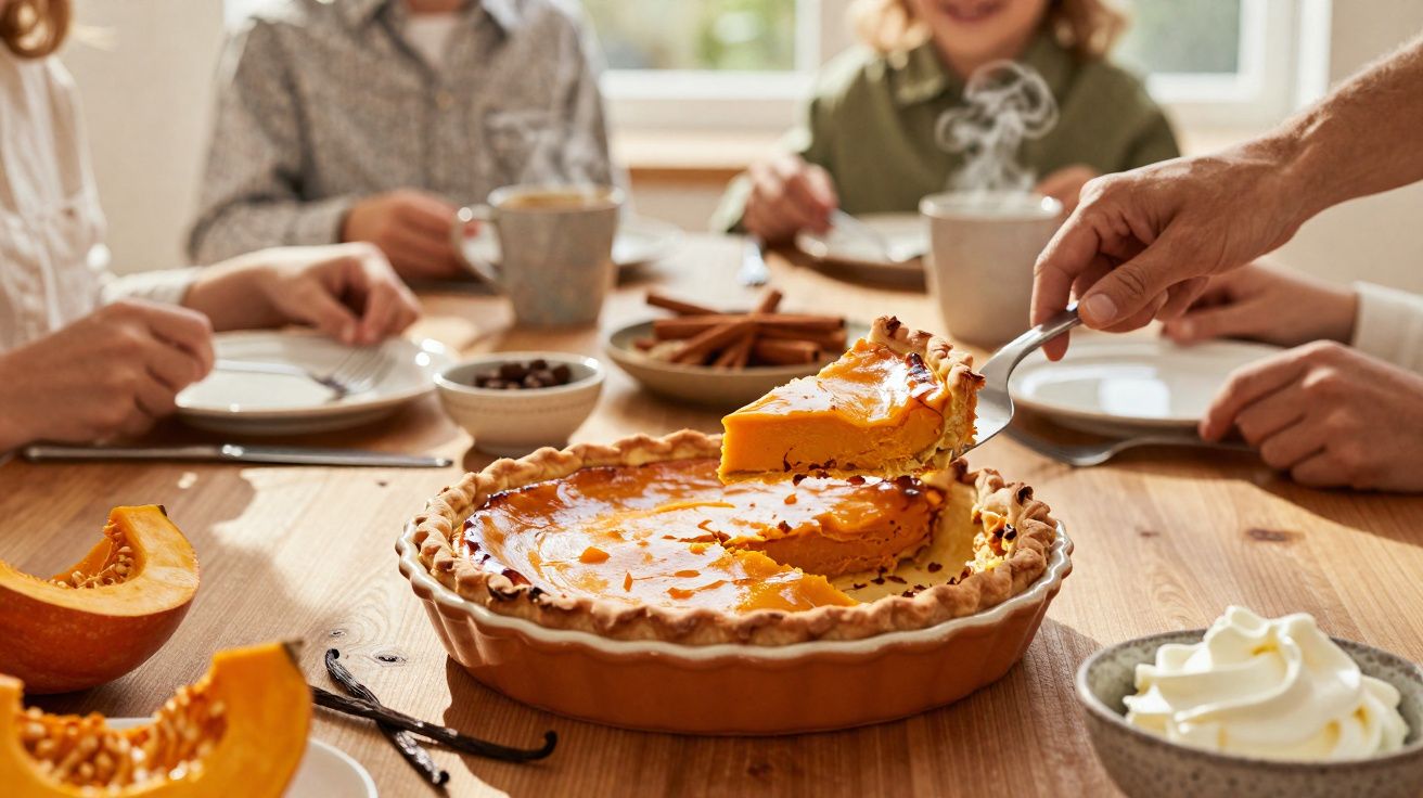 Tarte de abóbora servida à mesa rodeada por pessoas com chávenas e chantilly.