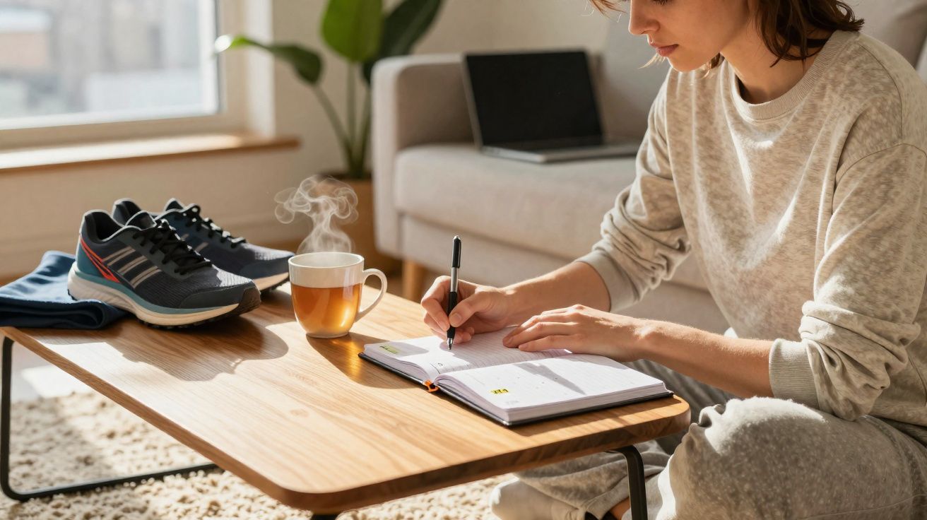 Pessoa a escrever numa agenda sentada no chão junto a mesa com chá quente e ténis desportivos.