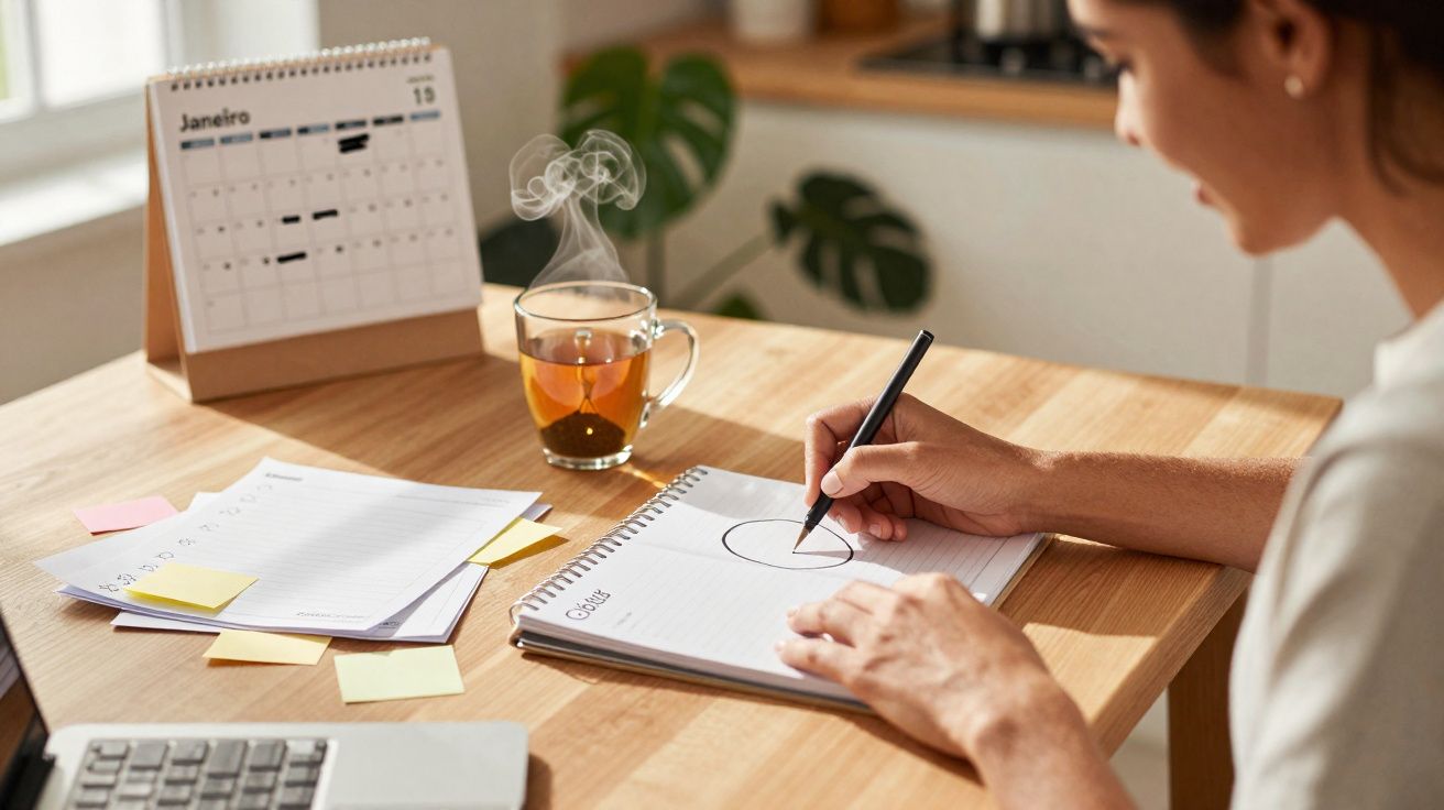 Pessoa a desenhar num caderno junto a uma chávena de chá quente e calendário na mesa de madeira na cozinha.