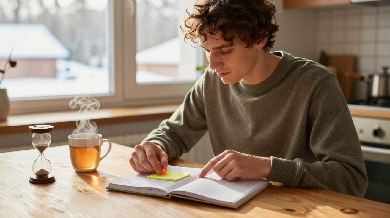 Jovem sentado a escrever em agenda com chá quente e ampulheta numa mesa de madeira junto à janela.