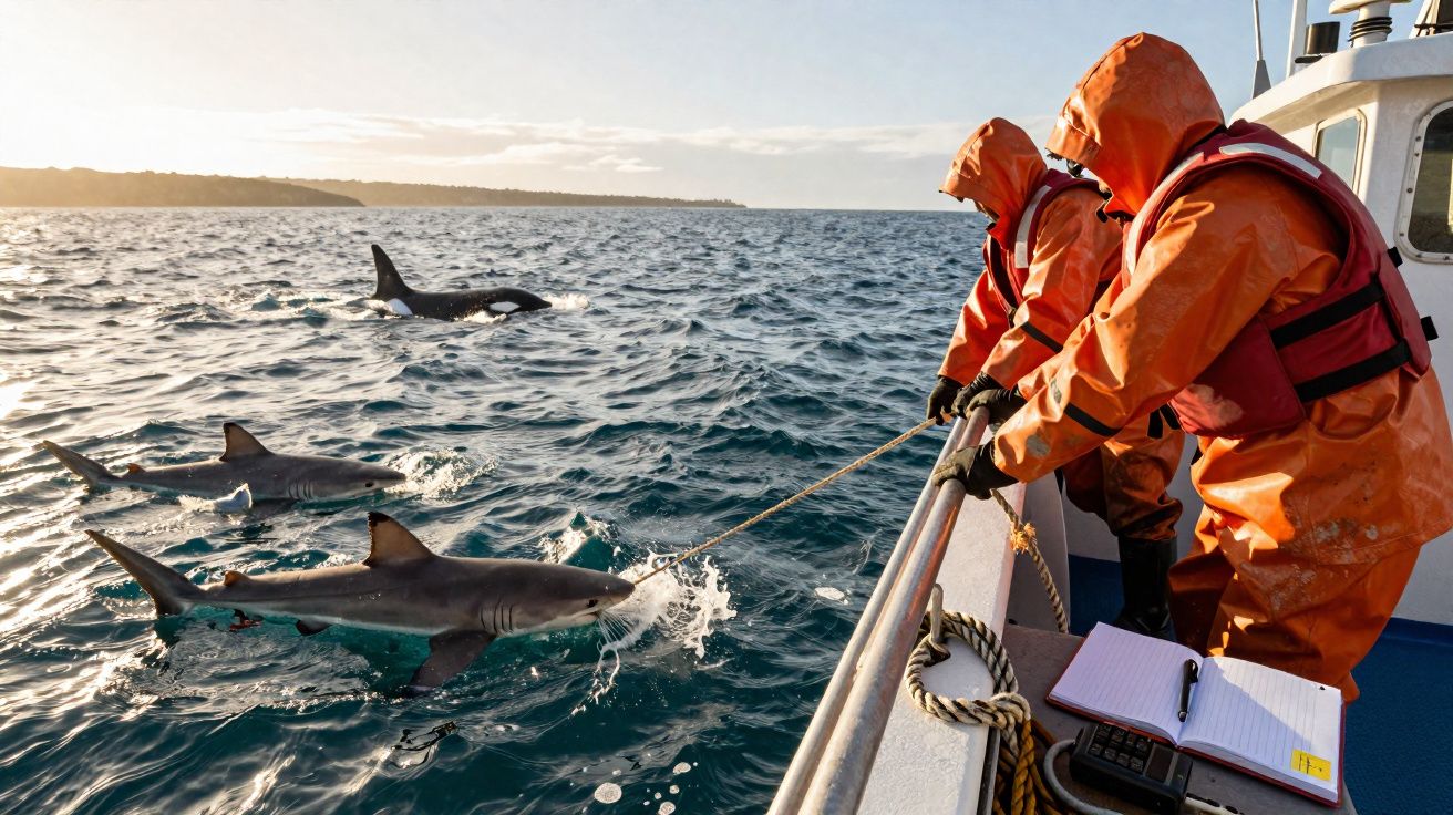 Dois pescadores de fato laranja puxam tubarões do mar junto a um orca e um fundo de costa ao pôr do sol.