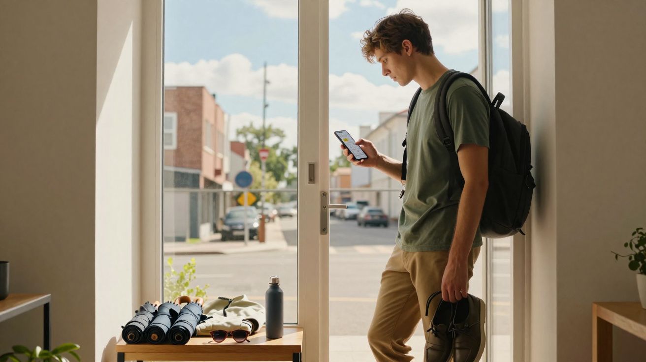 Jovem com mochila a olhar para telemóvel junto a porta de vidro, segurando sapatos e com vários objetos na mesa.