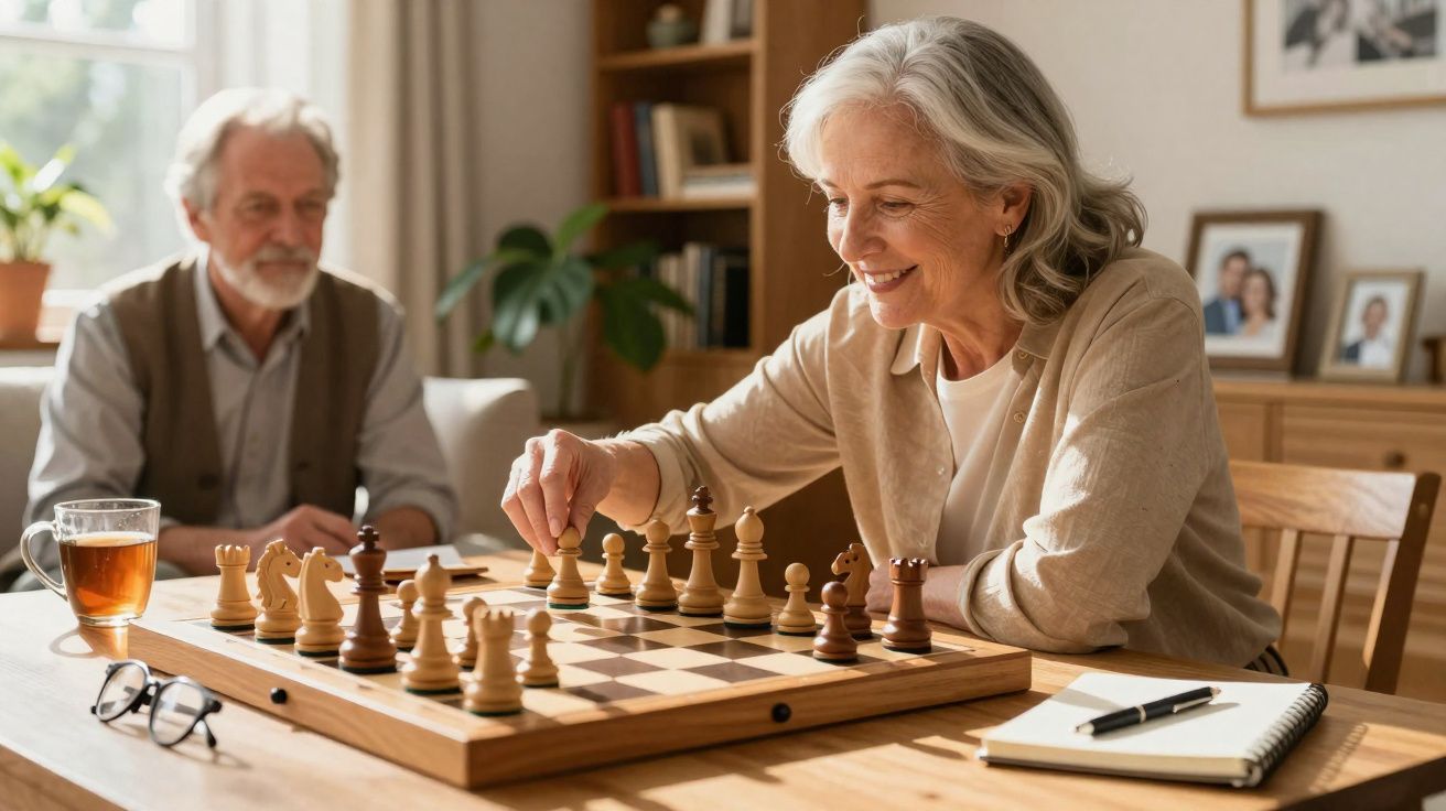 Casal sénior a jogar xadrez numa sala iluminada, mulher a fazer uma jogada sorridente.