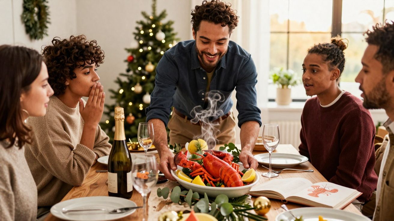 Jovem apresenta prato fumegante de lagosta a amigos reunidos à mesa com decoração de Natal.