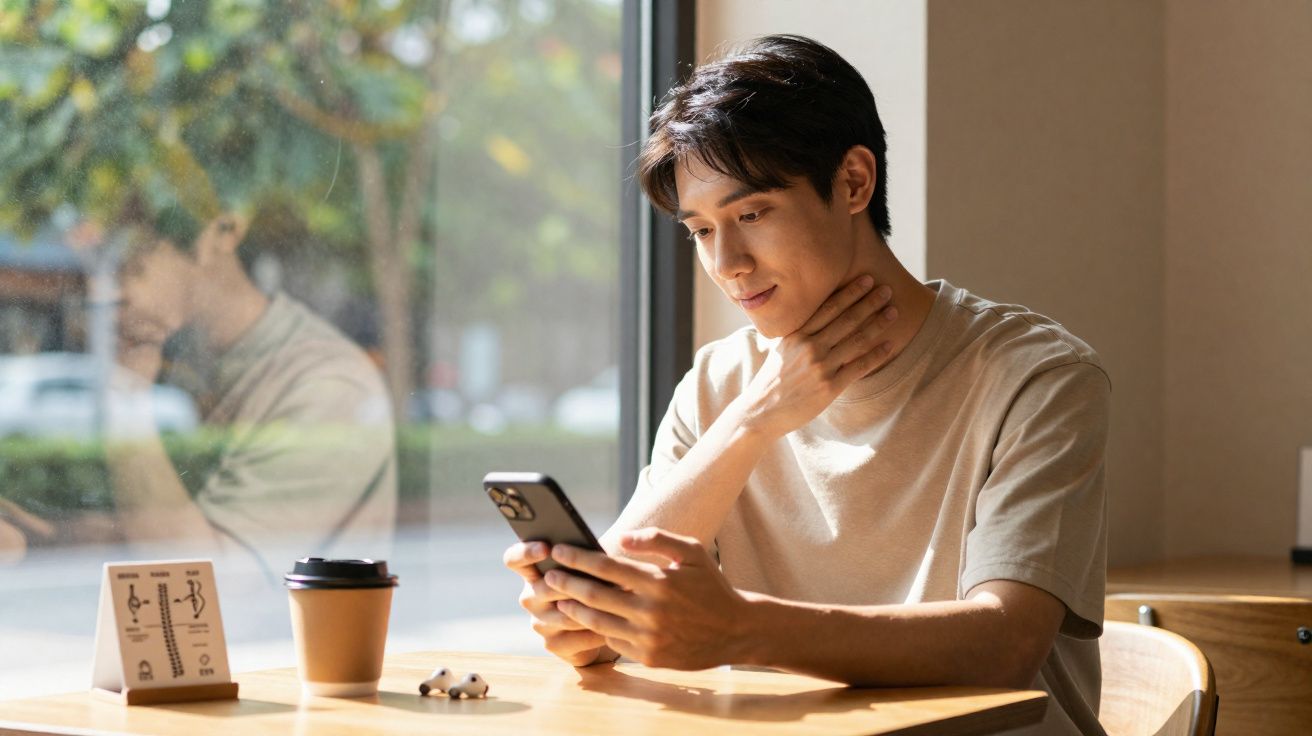 Homem jovem sentado numa mesa junto à janela, a olhar para o telemóvel, com café e auriculares à sua frente.