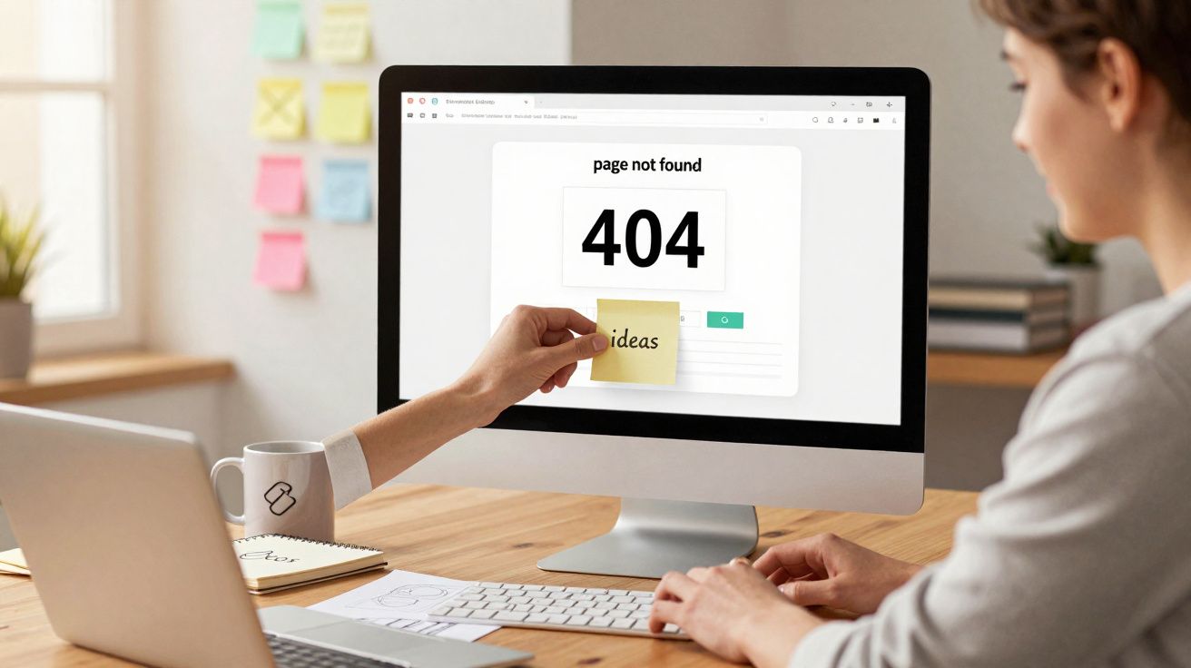 Pessoa em secretária com computador a mostrar mensagem de erro 404 página não encontrada e nota adesiva idées.