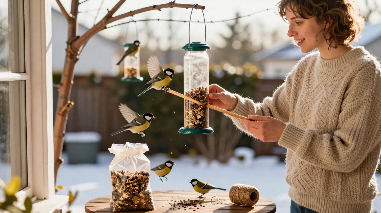 Mulher a alimentar pássaros com comedouro suspenso num espaço exterior durante o dia.
