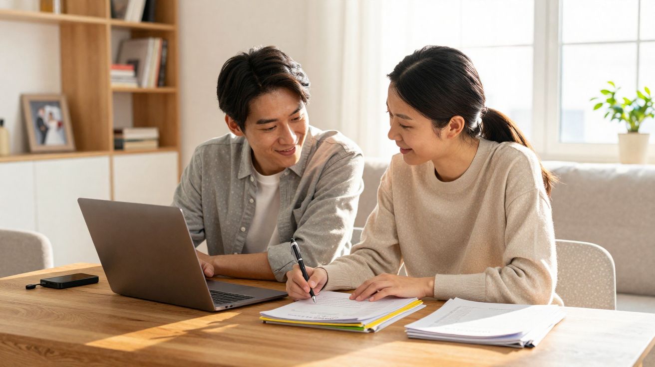 Casal jovem sentado à mesa a estudar e a trabalhar com computador portátil e apontamentos em casa.