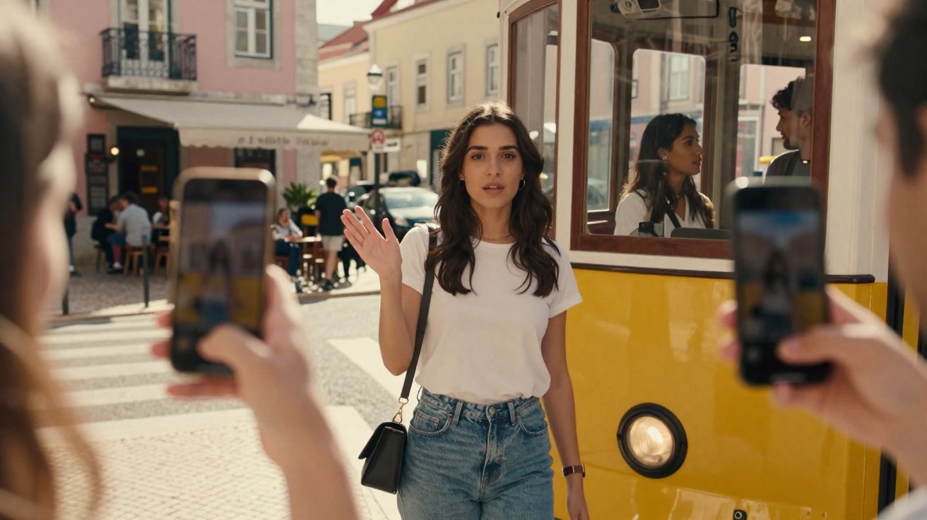 Mulher com t-shirt branca e jeans acena junto a elétrico amarelo, pessoas tiram fotos com telemóveis na rua.