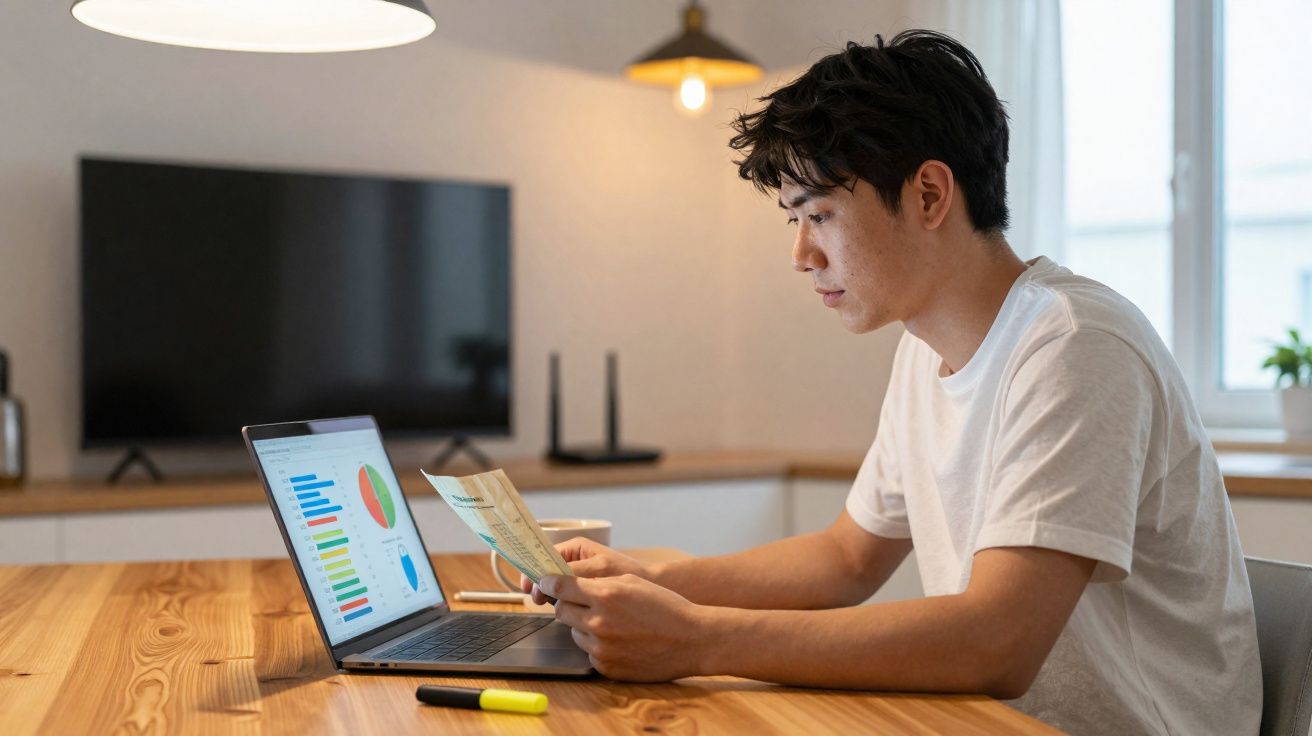 Homem jovem sentado a consultar relatório impresso e laptop com gráficos numa mesa de madeira em casa.