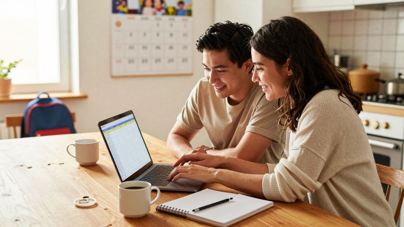 Casal jovem a sorrir enquanto trabalha junto num computador portátil numa cozinha iluminada.