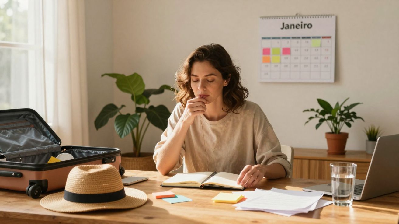 Mulher pensativa a planear viagem em mesa com calendário, mala, chapéu e computador portátil.