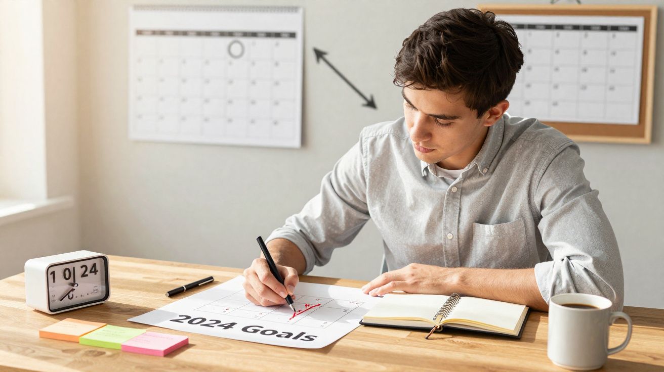 Homem sentado a planear e escrever objetivos para 2024 numa folha com calendários ao fundo.