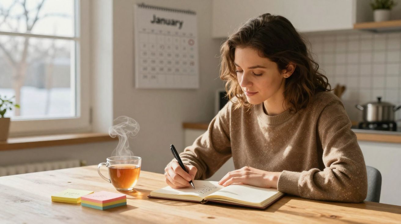 Mulher a escrever num caderno numa mesa com chá quente, em cozinha iluminada por luz natural.