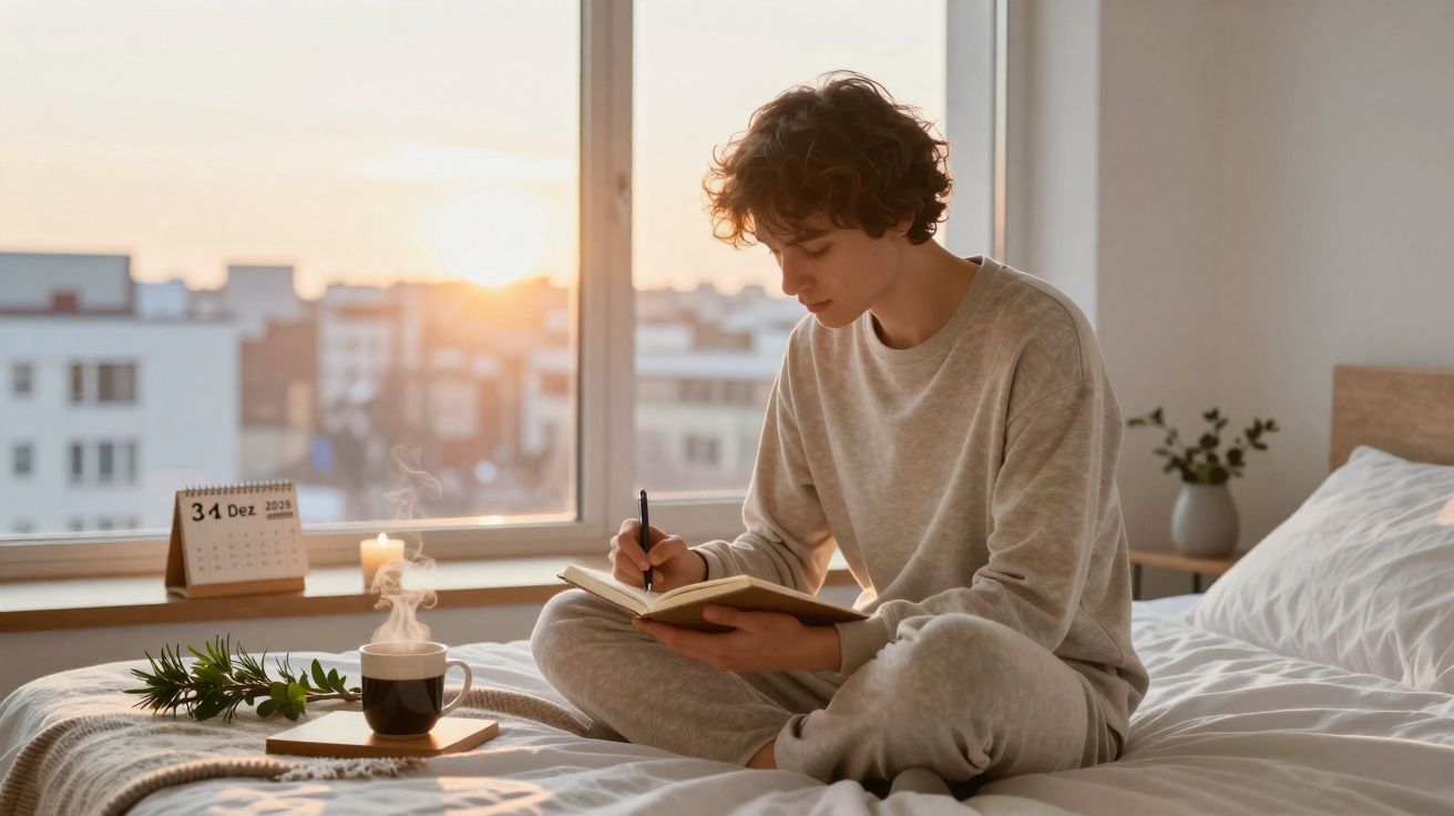 Pessoa sentada na cama a escrever num caderno, com janela ao fundo e chá quente numa mesa pequena ao lado.