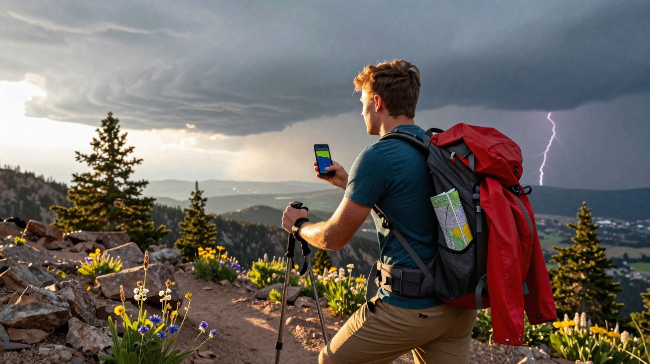 Homem com mochila vermelha usa telemóvel na montanha durante tempestade com relâmpago ao longe.