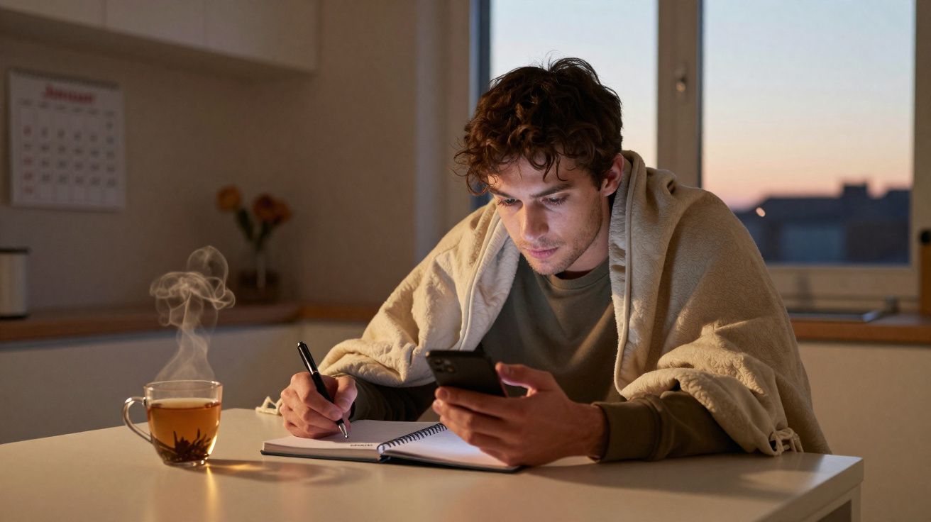 Homem com manta a estudar e a usar telemóvel numa mesa com chá quente ao entardecer.
