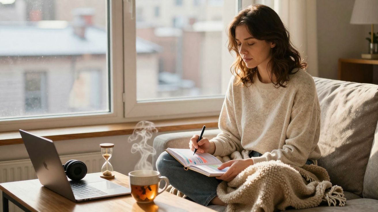 Mulher sentada no sofá a estudar com caderno, portátil, chá e ampulheta numa sala iluminada pela janela.
