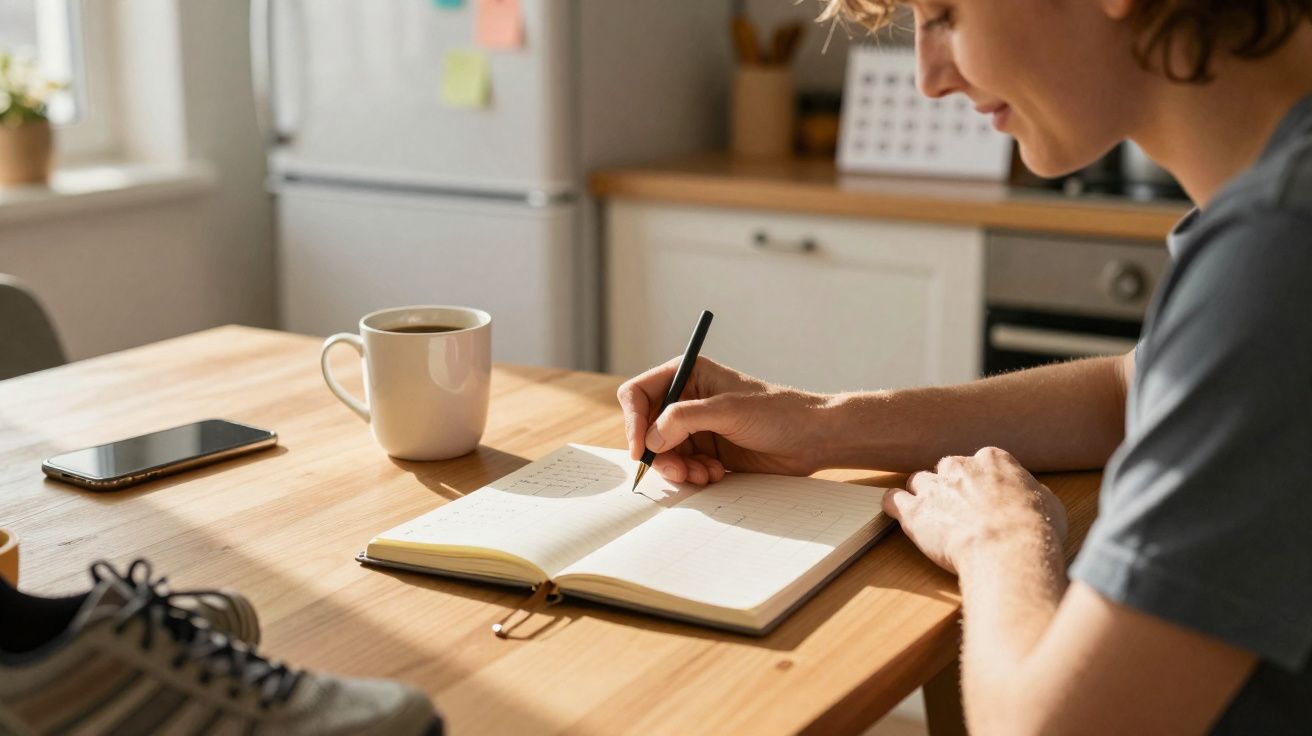 Pessoa a escrever num caderno numa mesa com chávena, telemóvel e sapatilhas numa cozinha iluminada pelo sol.