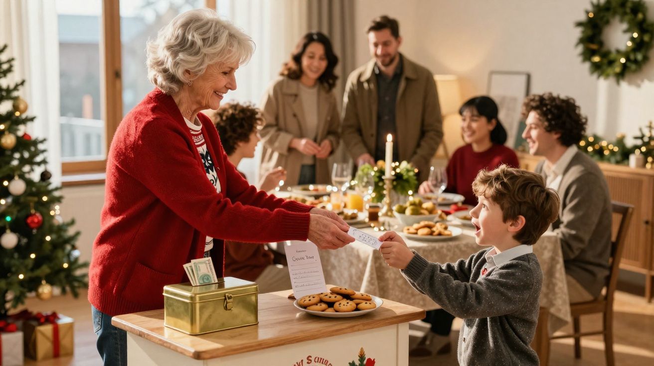 Avó a vender bolachas a criança durante reunião familiar de Natal decorada.