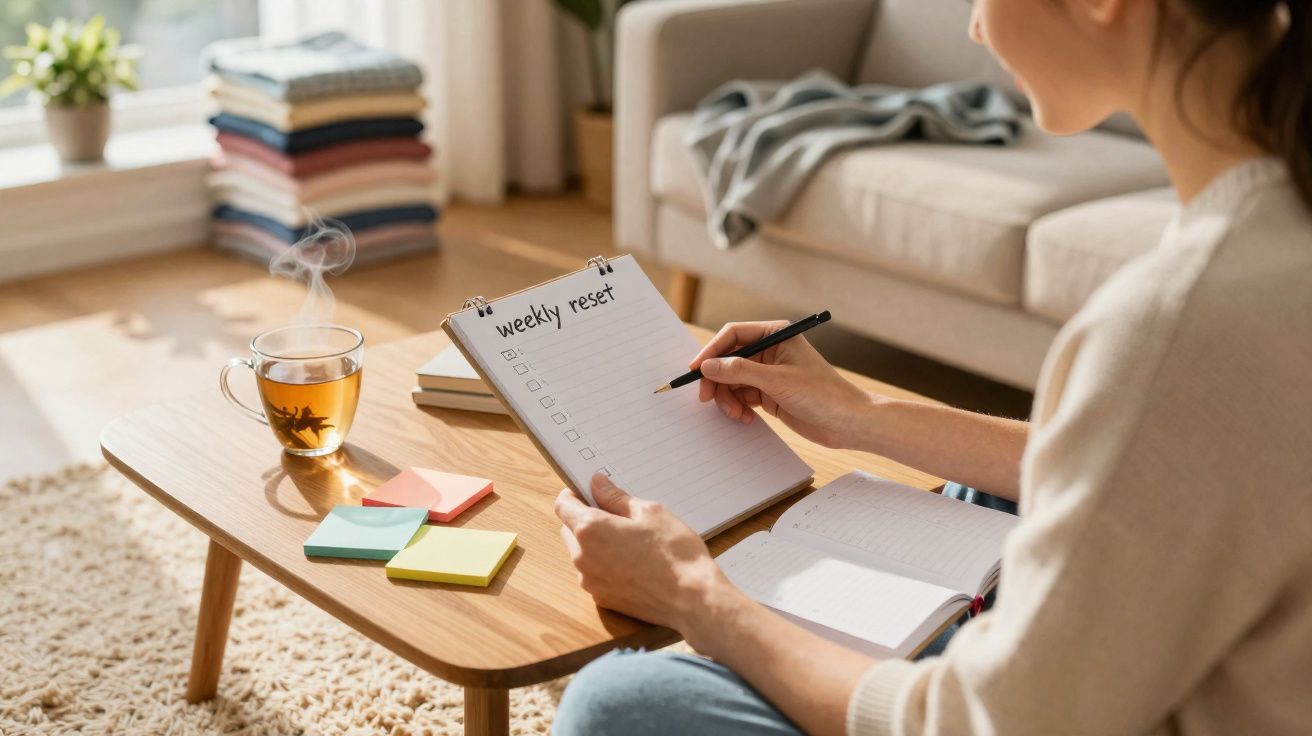Pessoa a escrever numa lista semanal enquanto está sentada à mesa com chá quente, post-its e uma pilha de roupa ao fundo.