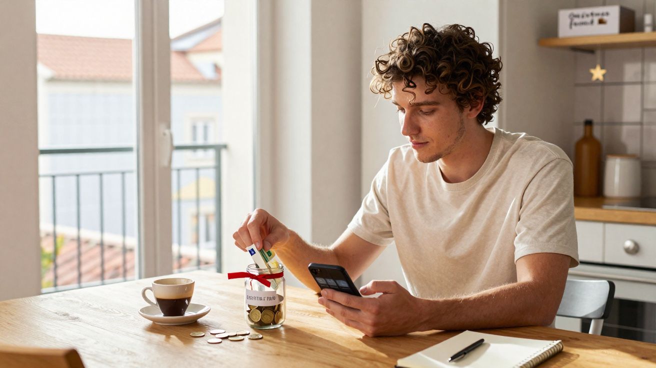 Homem sentado numa cozinha a colocar moedas num frasco de vidro enquanto consulta o telemóvel.