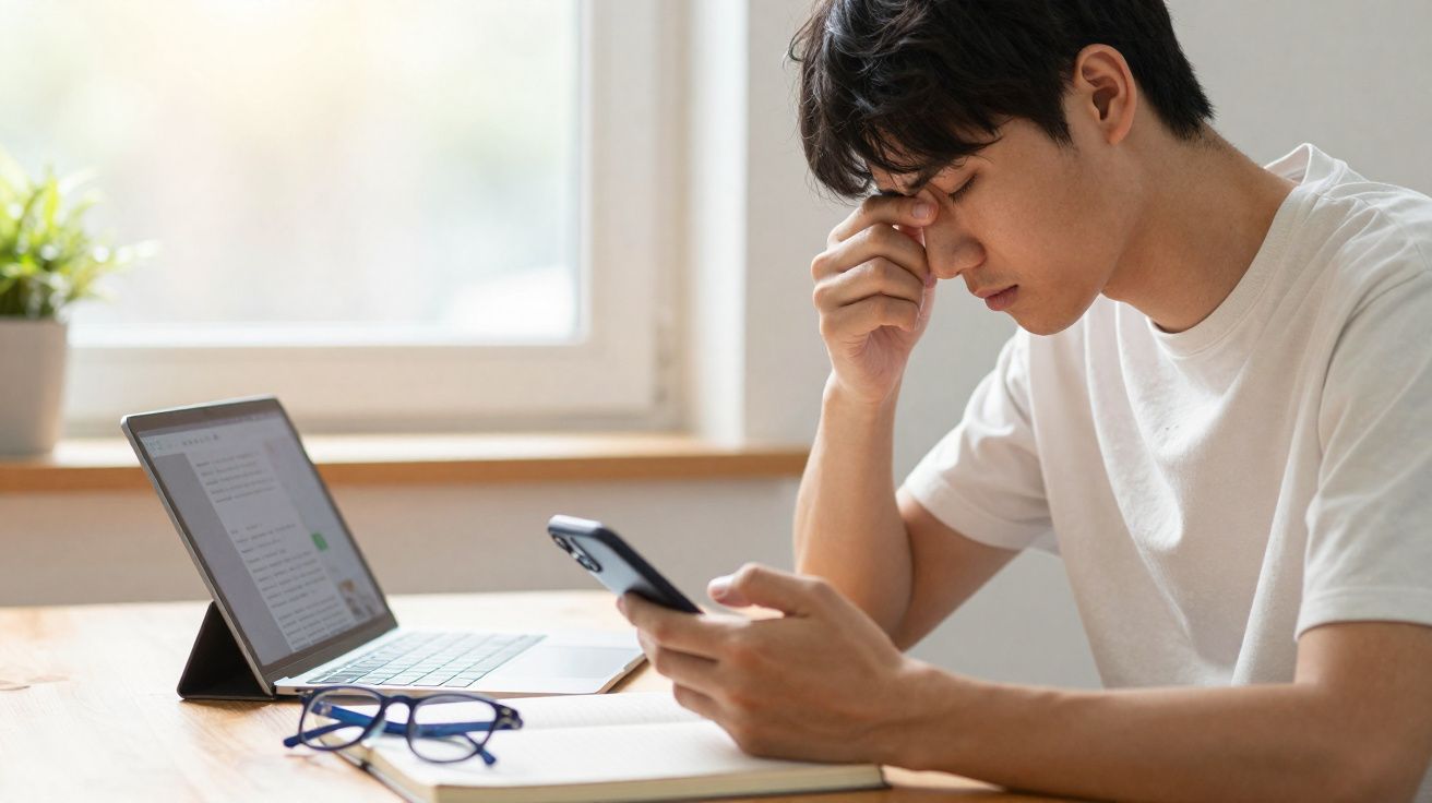 Homem jovem sentado à mesa, stressado, a olhar para o telemóvel com computador e óculos à sua frente.