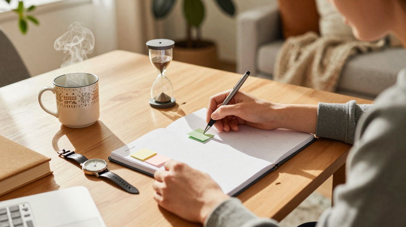 Pessoa a escrever em agenda com caneta, chá quente, ampulheta e relógio numa mesa de madeira.