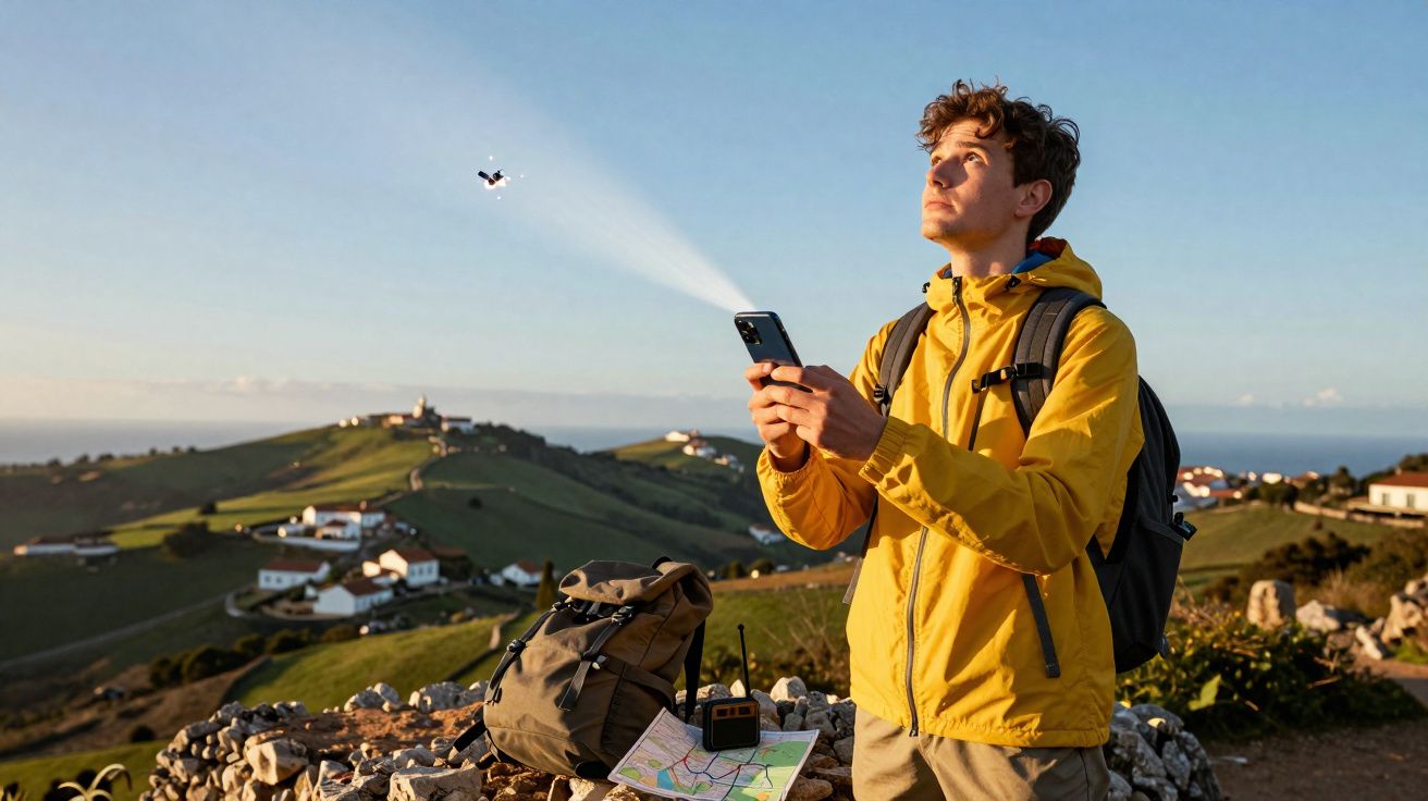 Homem com casaco amarelo pilota drone com comando, numa colina com paisagem rural ao entardecer.