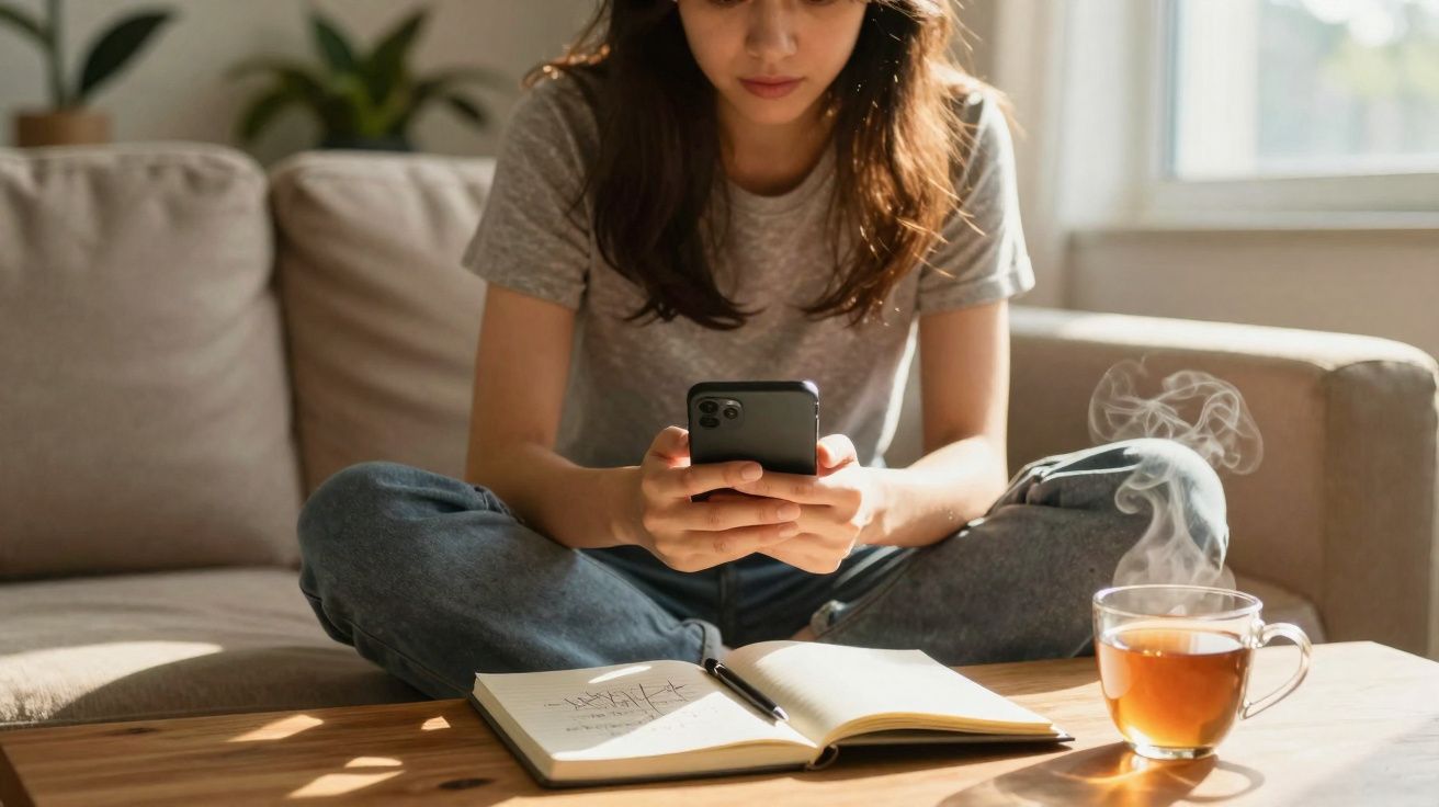 Jovem sentada no sofá a usar telemóvel, com caderno aberto e chá quente numa mesa à frente.