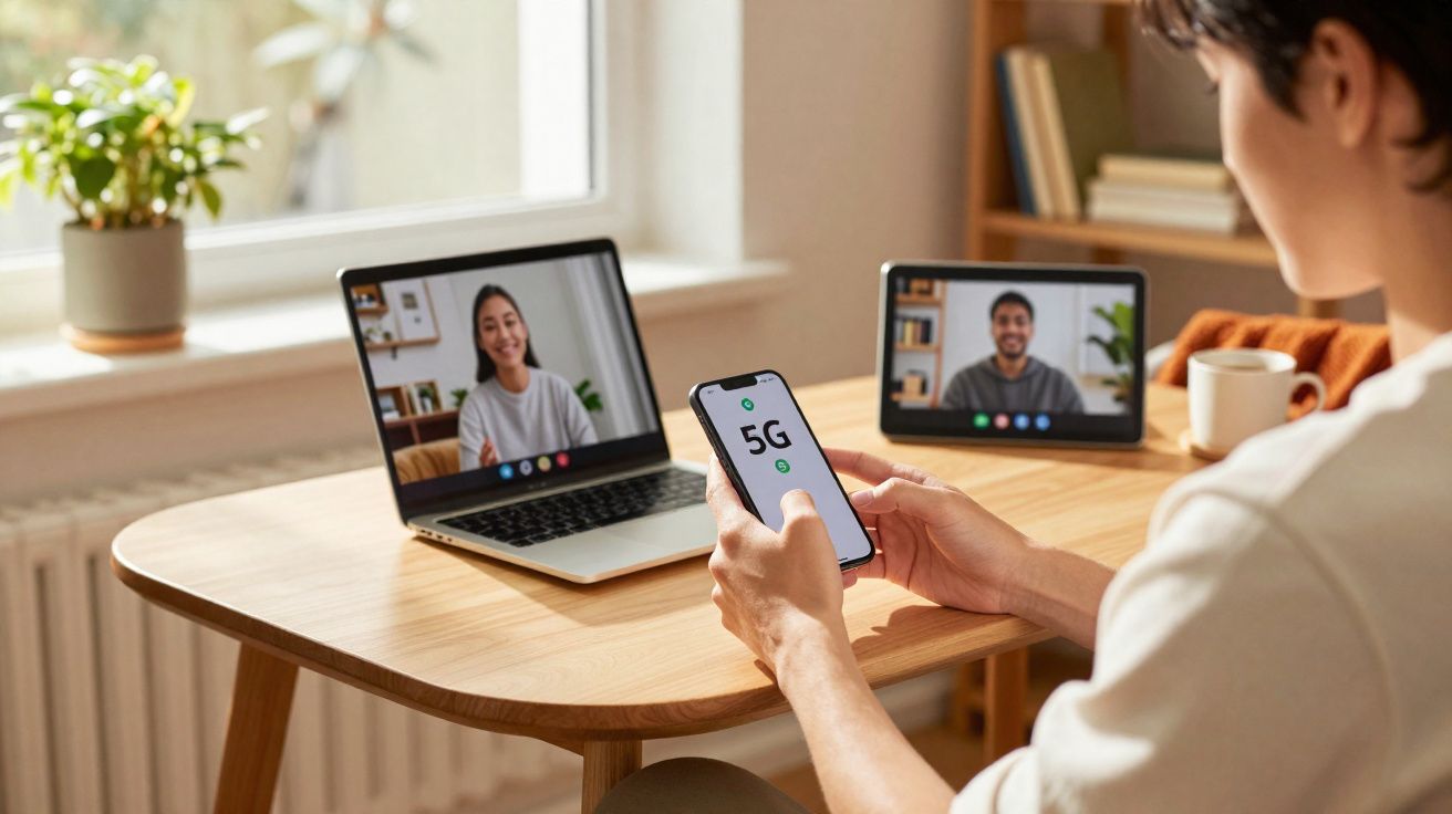 Pessoa a usar telemóvel com símbolo 5G durante videochamada com duas pessoas em computador portátil e tablet numa mesa de mad