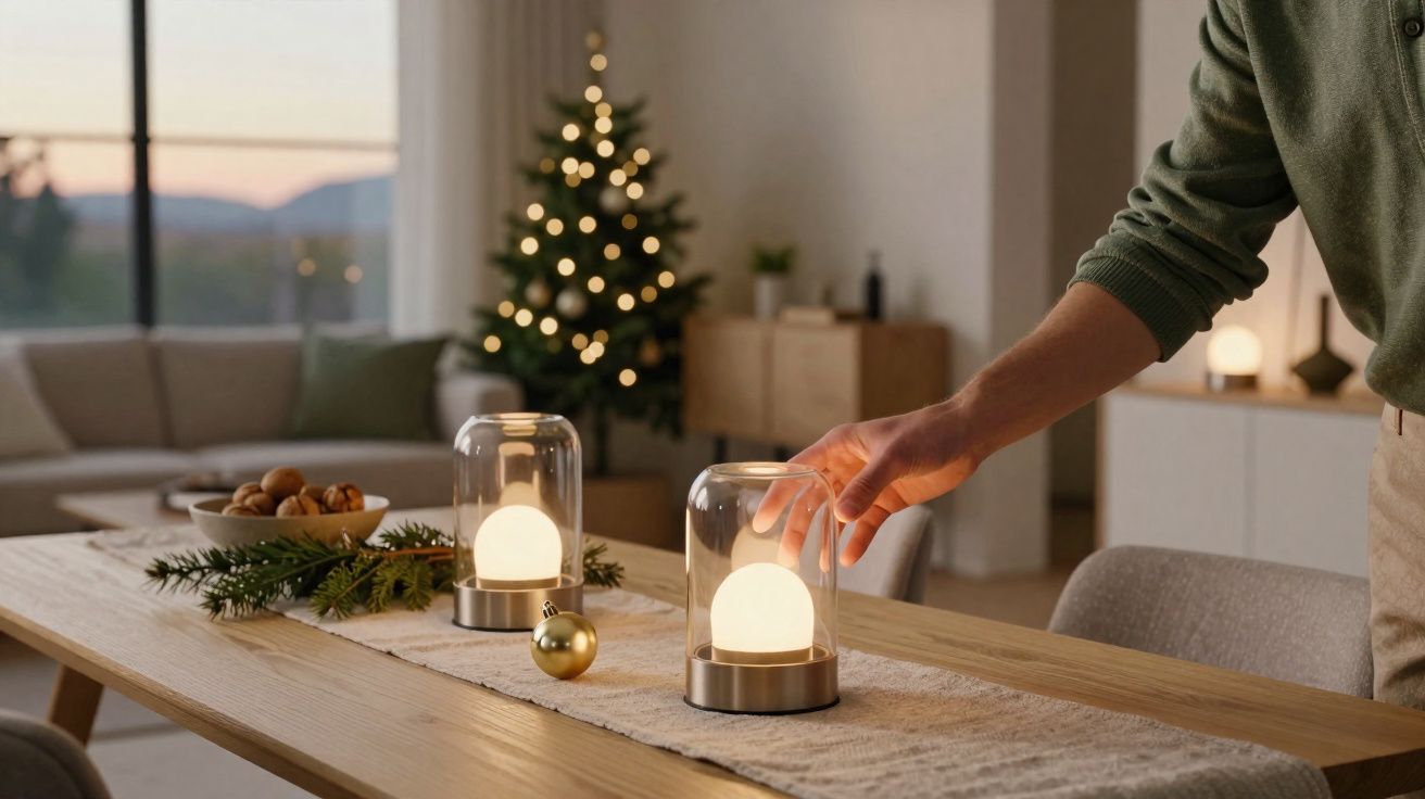 Mão a acender candeeiro moderno numa mesa de madeira decorada para o Natal, com árvore iluminada ao fundo.