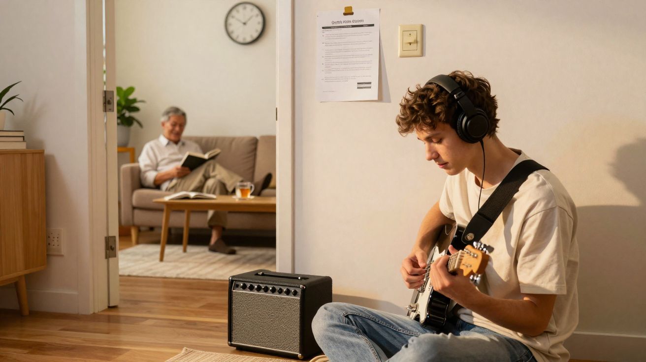 Jovem sentado no chão com auscultadores e a tocar guitarra elétrica, homem ao fundo a ler no sofá.