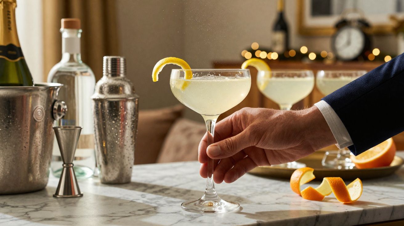 Pessoa a segurar copo de cocktail com fatia de limão, com utensílios de bar ao fundo numa mesa de mármore.