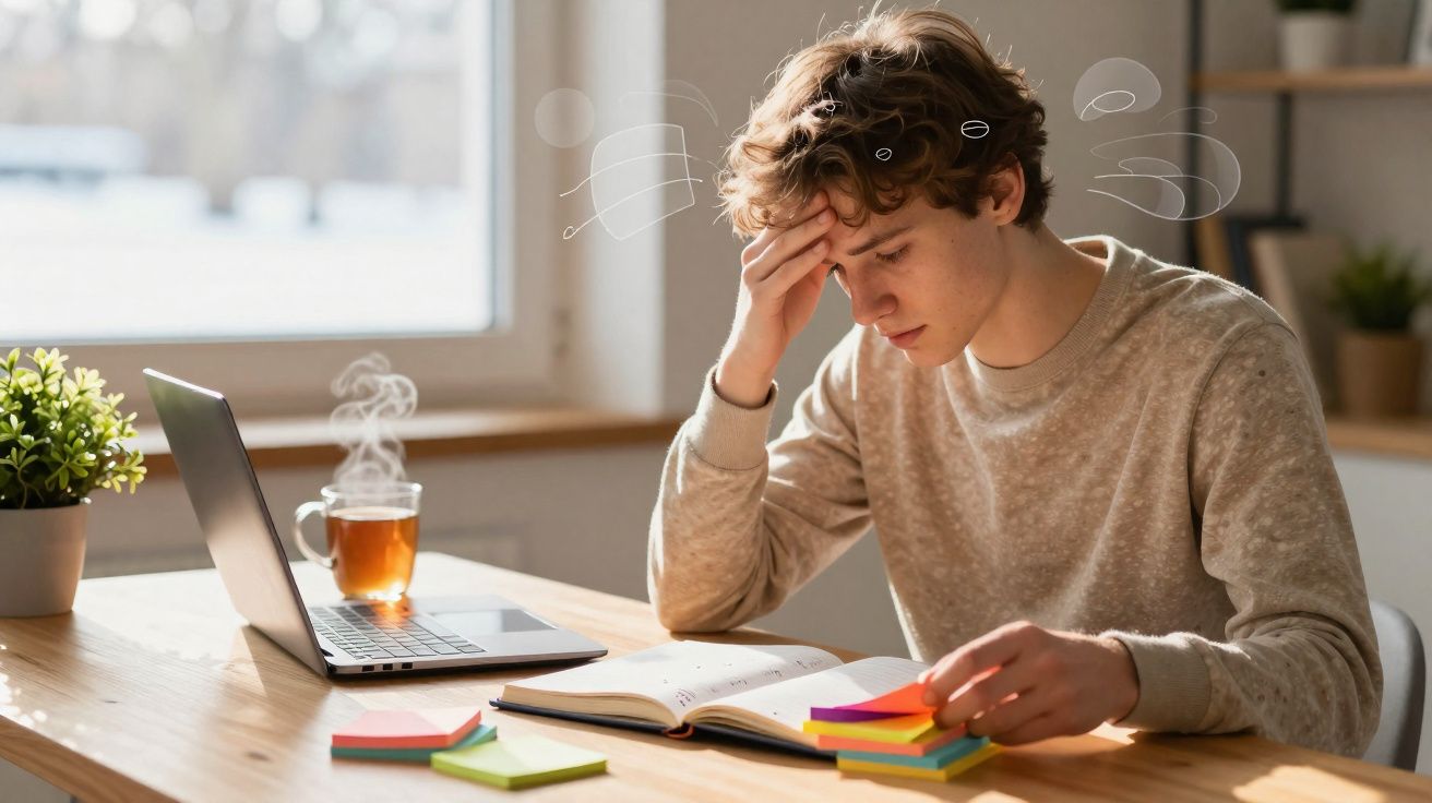 Jovem com expressão cansada a estudar, rodeado de post-its, chá quente e computador portátil aberto.