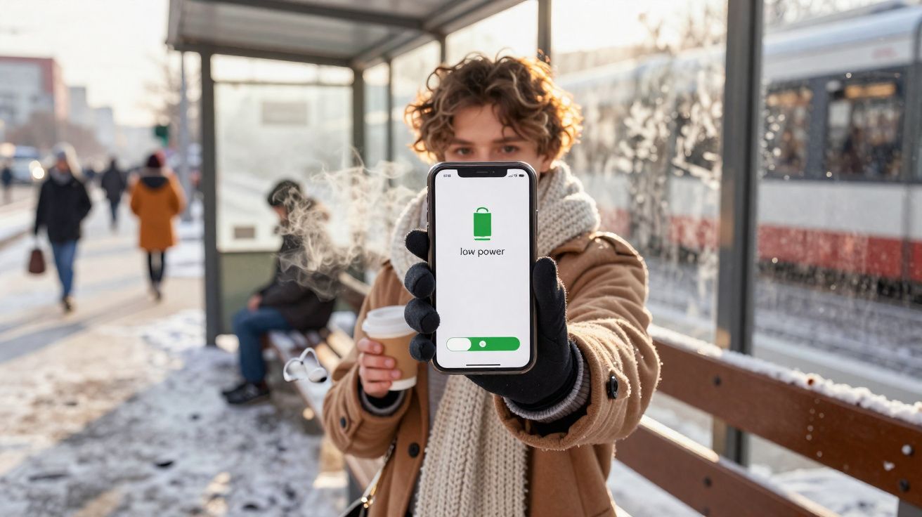 Pessoa de inverno segura telemóvel com aviso de bateria fraca numa paragem de autocarro com neve.